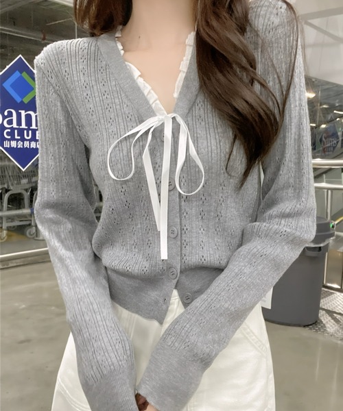 yuue' ( wear )(ユーイ)の「フロントリボンVネックフリルカーディガン/冷房対策 UVカット(カーディガン/ボレロ・レディース・グレー/アイボリー/ブラック・FREE)」の1枚目の写真