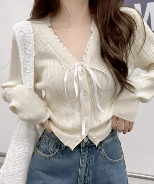 yuue' ( wear )(ユーイ)の「フロントリボンVネックフリルカーディガン/冷房対策 UVカット(カーディガン/ボレロ・レディース・グレー/アイボリー/ブラック・FREE)」の2枚目の写真