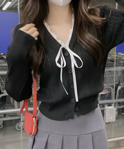 yuue' ( wear )(ユーイ)の「フロントリボンVネックフリルカーディガン/冷房対策 UVカット(カーディガン/ボレロ・レディース・グレー/アイボリー/ブラック・FREE)」の3枚目の写真