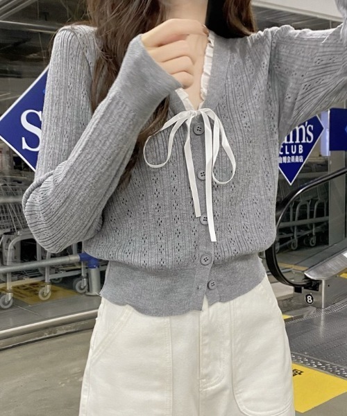 yuue' ( wear )(ユーイ)の「フロントリボンVネックフリルカーディガン/冷房対策 UVカット(カーディガン/ボレロ・レディース・グレー/アイボリー/ブラック・FREE)」の9枚目の写真