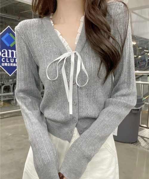 yuue' ( wear )(ユーイ)の「フロントリボンVネックフリルカーディガン/冷房対策 UVカット(カーディガン/ボレロ・レディース・グレー/アイボリー/ブラック・FREE)」の8枚目の写真