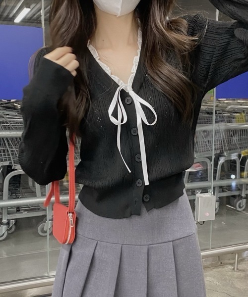 yuue' ( wear )(ユーイ)の「フロントリボンVネックフリルカーディガン/冷房対策 UVカット(カーディガン/ボレロ・レディース・グレー/アイボリー/ブラック・FREE)」の11枚目の写真