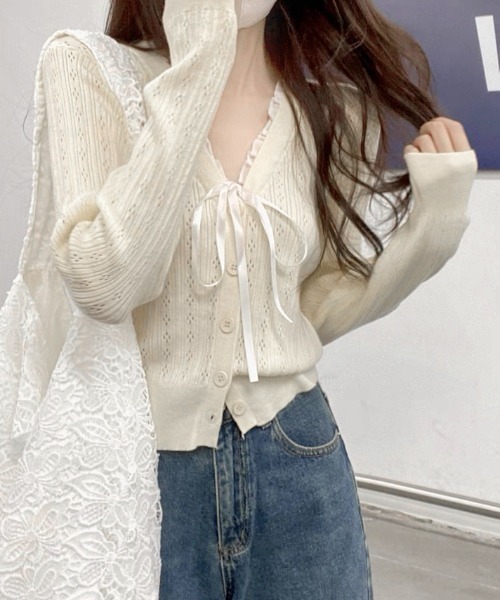 yuue' ( wear )(ユーイ)の「フロントリボンVネックフリルカーディガン/冷房対策 UVカット(カーディガン/ボレロ・レディース・グレー/アイボリー/ブラック・FREE)」の5枚目の写真