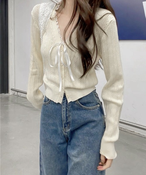yuue' ( wear )(ユーイ)の「フロントリボンVネックフリルカーディガン/冷房対策 UVカット(カーディガン/ボレロ・レディース・グレー/アイボリー/ブラック・FREE)」の7枚目の写真