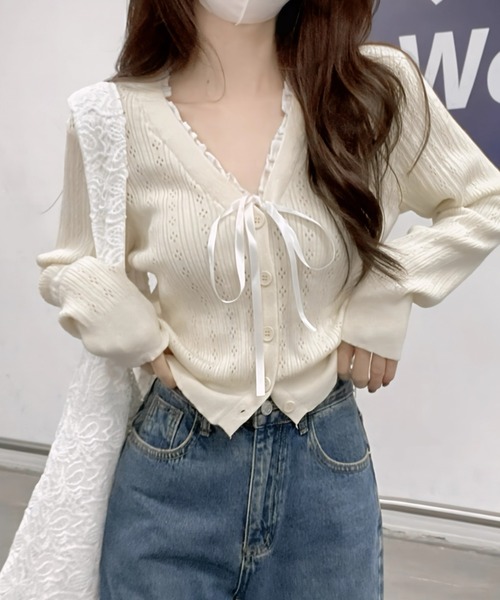 yuue' ( wear )(ユーイ)の「フロントリボンVネックフリルカーディガン/冷房対策 UVカット(カーディガン/ボレロ・レディース・グレー/アイボリー/ブラック・FREE)」の6枚目の写真