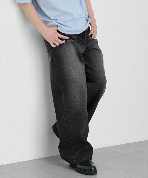 MONO-MART（モノマート）の「ヴィンテージ加工 ワイドストレート デニムパンツ＜ウォッシャブル/速乾/サステナブル＞（デニムパンツ・メンズ・インディゴブルー/ネイビー/ブルー/ブラック/グレー/ダークブラック・L/M/S/XS）」の18枚目の写真