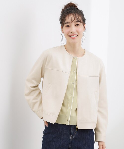 grove（グローブ）の「スエードライク ノーカラーブルゾン（ノーカラージャケット・レディース・ベージュ/オフホワイト/チャコールグレー・02/03/01/05/04）」の2枚目の写真