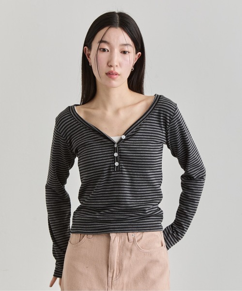 NUJOH(ヌゾ)の「Stripe Henley Top / ボーダーヘンリートップス(Tシャツ/カットソー・レディース・ブラック・FREE)」の12枚目の写真