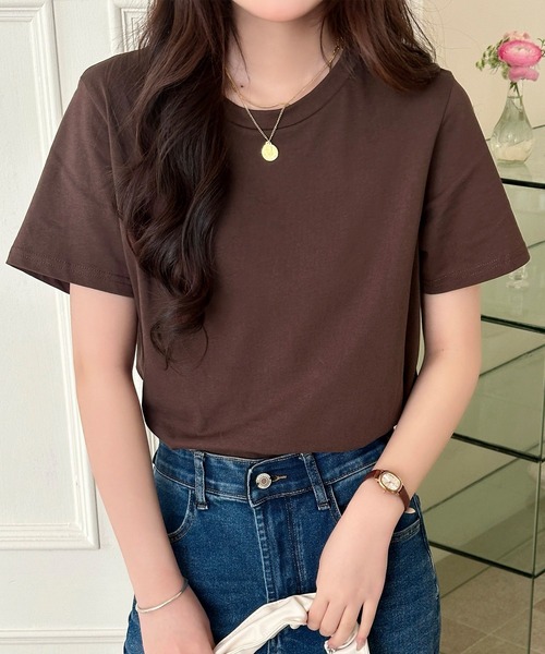 DAY CLOSET(デイ クローゼット)の「【ミドル丈/薄手】こなれて見えるノームコア。半袖 ラウンドネック Tシャツ レディース(Tシャツ/カットソー・レディース・ブラウン/ホワイト/杢グレー/ブラック・FREE)」の4枚目の写真
