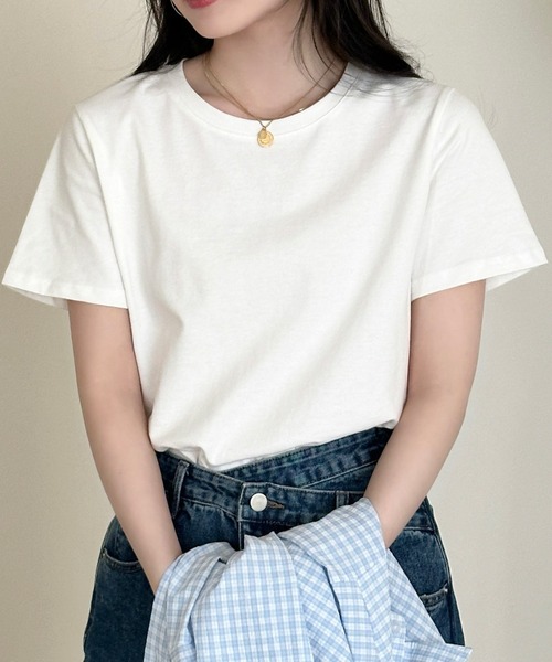 DAY CLOSET(デイ クローゼット)の「【ミドル丈/薄手】こなれて見えるノームコア。半袖 ラウンドネック Tシャツ レディース(Tシャツ/カットソー・レディース・ブラウン/ホワイト/杢グレー/ブラック・FREE)」の1枚目の写真