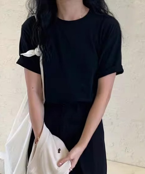 DAY CLOSET(デイ クローゼット)の「【ミドル丈/薄手】こなれて見えるノームコア。半袖 ラウンドネック Tシャツ レディース(Tシャツ/カットソー・レディース・ブラウン/ホワイト/杢グレー/ブラック・FREE)」の2枚目の写真
