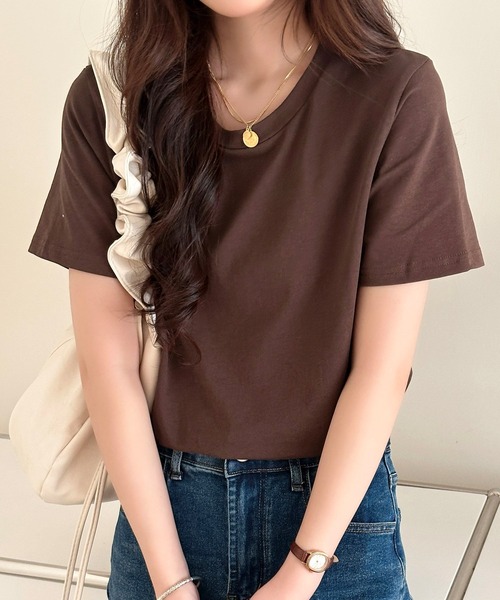 DAY CLOSET(デイ クローゼット)の「【ミドル丈/薄手】こなれて見えるノームコア。半袖 ラウンドネック Tシャツ レディース(Tシャツ/カットソー・レディース・ブラウン/ホワイト/杢グレー/ブラック・FREE)」の18枚目の写真
