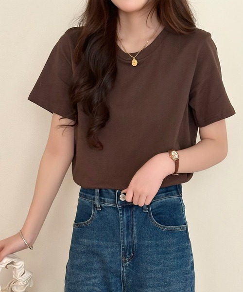 DAY CLOSET(デイ クローゼット)の「【ミドル丈/薄手】こなれて見えるノームコア。半袖 ラウンドネック Tシャツ レディース(Tシャツ/カットソー・レディース・ブラウン/ホワイト/杢グレー/ブラック・FREE)」の19枚目の写真