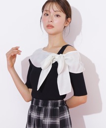 半袖アシメリボンニット