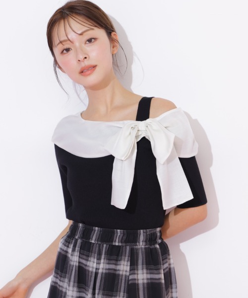 JILL by JILL STUART(ジルバイジルスチュアート)の「半袖アシメリボンニット(ニット/セーター・レディース・ブラック系その他/ピンク/ホワイト・FREE)」の22枚目の写真