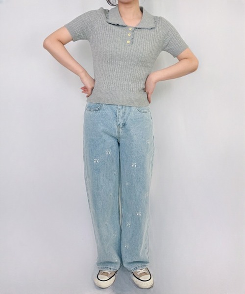 frunco（フランコ）の「リボン刺繍デニムパンツ（デニムパンツ・レディース・ブルー・FREE）」の8枚目の写真