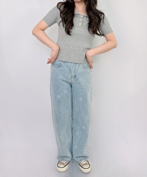 frunco（フランコ）の「リボン刺繍デニムパンツ（デニムパンツ・レディース・ブルー・FREE）」の9枚目の写真
