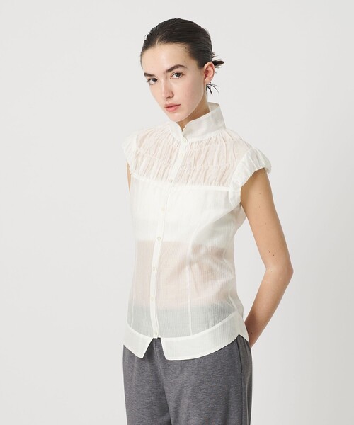 ATTISESSION(アティセッション)の「<ATTISESSION>シアーギャザー ショートスリーブ ブラウス(シャツ/ブラウス・レディース・ダークブラウン/ホワイト・FREE)」の8枚目の写真