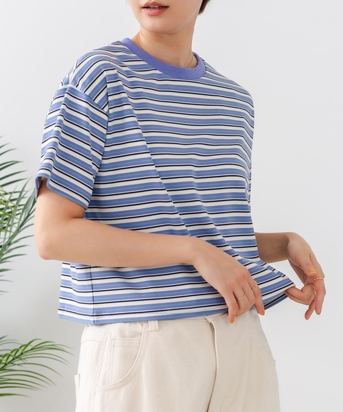 fort point（フォーポイント）の「【C-FORT POINT/フォートポイント】【ハイウエストと相性抜群！】 ボーダークロップド丈Ｔシャツ 細ボーダー 韓国ファッション スタイルアップ 短丈（Tシャツ/カットソー・レディース・ブラック/ブラウン/オフホワイト/ブルー・FREE）」の4枚目の写真