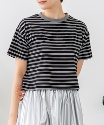 【C-FORT POINT/フォートポイント】【ハイウエストと相性抜群！】 ボーダークロップド丈Ｔシャツ 細ボーダー 韓国ファッション スタイルアップ 短丈