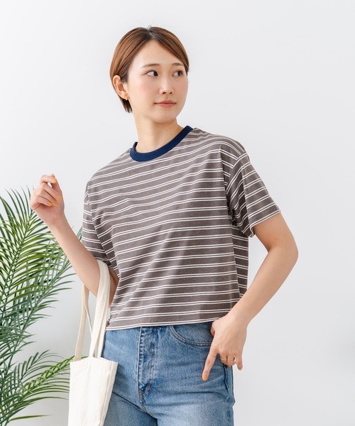 fort point（フォーポイント）の「【C-FORT POINT/フォートポイント】【ハイウエストと相性抜群！】 ボーダークロップド丈Ｔシャツ 細ボーダー 韓国ファッション スタイルアップ 短丈（Tシャツ/カットソー・レディース・ブラック/ブラウン/オフホワイト/ブルー・FREE）」の19枚目の写真