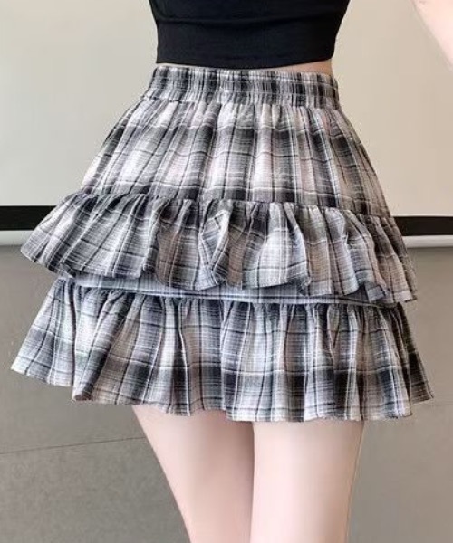 Teem Store(チームストア)の「【26年春夏新作】フリルティアードミニスカート チェック柄 スタイルアップ(スカート・レディース・ブラック/ピンク・M/S)」の4枚目の写真