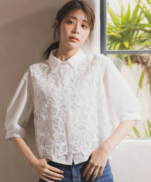 grove(グローブ)の「【2点SET・二の腕カバー】レースベスト×シアーブラウスSET(シャツ/ブラウス・レディース・オフホワイト/ブラック/ライトブルー・01/02/03/04)」の4枚目の写真