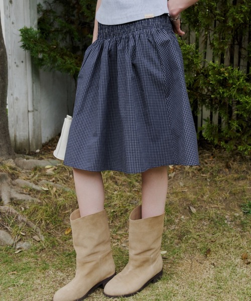 GIUNON(ジウノン)の「shirring midi check skirt / シャーリングミディチェックスカート(スカート・レディース・グレー/ネイビー・FREE)」の1枚目の写真