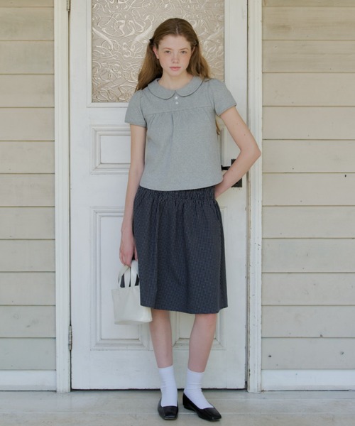 GIUNON(ジウノン)の「shirring midi check skirt / シャーリングミディチェックスカート(スカート・レディース・グレー/ネイビー・FREE)」の3枚目の写真