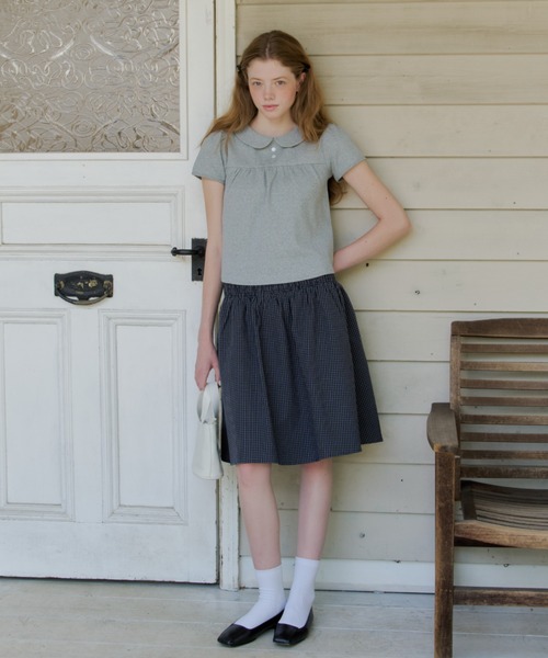 GIUNON(ジウノン)の「shirring midi check skirt / シャーリングミディチェックスカート(スカート・レディース・グレー/ネイビー・FREE)」の4枚目の写真