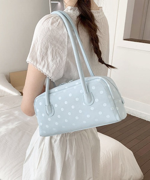 HOOK(フック)の「HOOK for girls ロングハンドルドット柄ミニボストンバッグ(ボストンバッグ・レディース・ライトブルー/ホワイト/ブラック・FREE)」の1枚目の写真