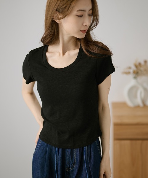 DAYRA(デイラ)の「バック カット デザイン リブ 半袖 トップス(Tシャツ/カットソー・レディース・ホワイト/チャコールグレー/ライトグレー/ブラック/ピンク/イエロー・FREE)」の10枚目の写真
