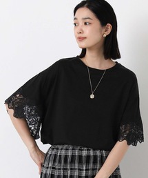 袖刺繍レースドロップ5分袖カットソー