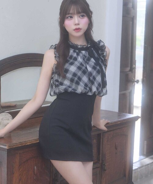 Belle Charme(ベルシャルム)の「【Belle Charme】Ribbon Tie Docking Onepiece(ワンピース・レディース・チェック/ベージュ/ブラック・FREE)」の3枚目の写真