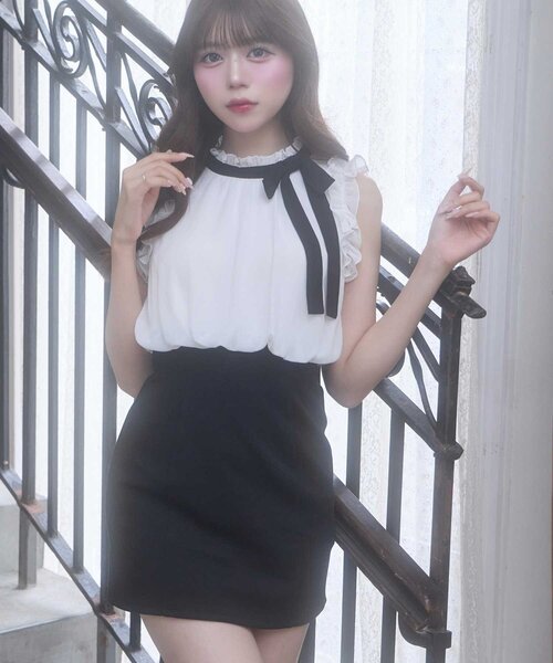 Belle Charm ベルシャルム ワンピース ブラック Belle Charme】Ribbon Tie Docking Onepiece（ワンピース）｜Belle