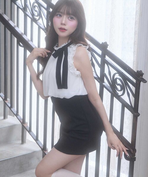 Belle Charme(ベルシャルム)の「【Belle Charme】Ribbon Tie Docking Onepiece(ワンピース・レディース・チェック/ベージュ/ブラック・FREE)」の5枚目の写真