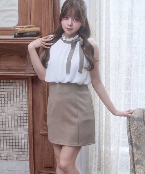 Belle Charme(ベルシャルム)の「【Belle Charme】Ribbon Tie Docking Onepiece(ワンピース・レディース・チェック/ベージュ/ブラック・FREE)」の8枚目の写真