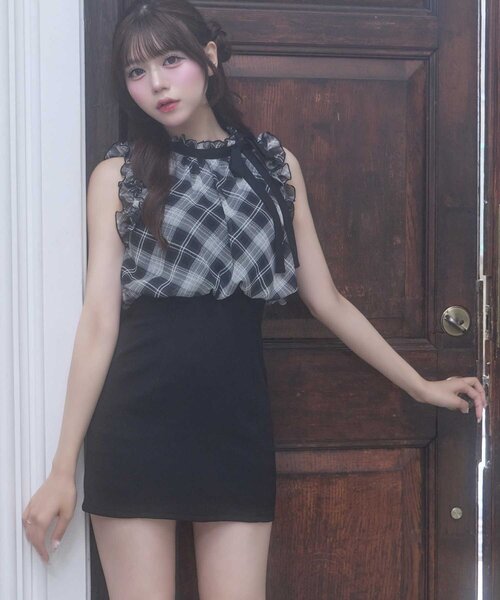 Belle Charme(ベルシャルム)の「【Belle Charme】Ribbon Tie Docking Onepiece(ワンピース・レディース・チェック/ベージュ/ブラック・FREE)」の11枚目の写真