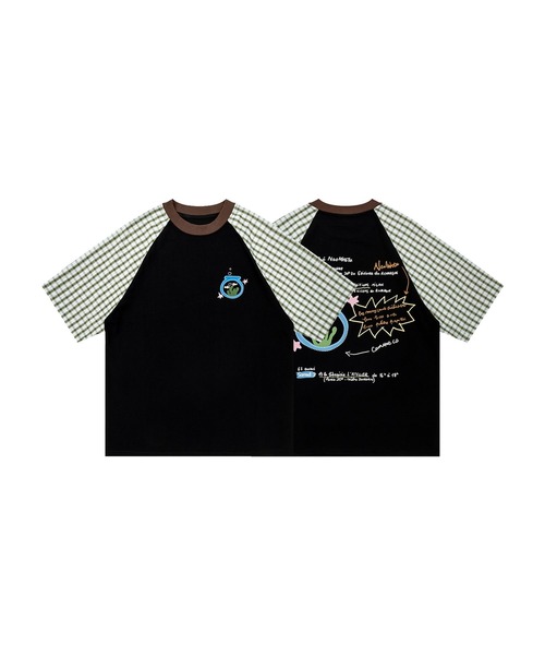HOOK(フック)の「HOOK アクアリウム × 手書き文字風プリント チェック切替ラグランビッグシルエットT(Tシャツ/カットソー・メンズ・ライトベージュ/ブラック・FREE)」の3枚目の写真