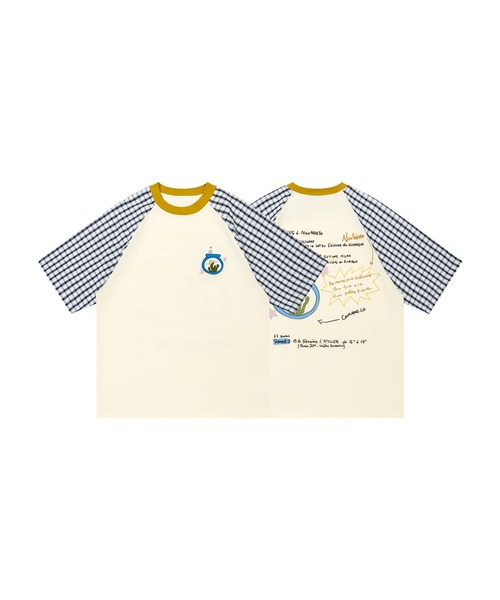 HOOK(フック)の「HOOK アクアリウム × 手書き文字風プリント チェック切替ラグランビッグシルエットT(Tシャツ/カットソー・メンズ・ライトベージュ/ブラック・FREE)」の4枚目の写真