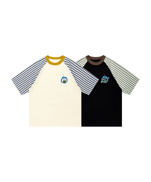 HOOK(フック)の「HOOK アクアリウム × 手書き文字風プリント チェック切替ラグランビッグシルエットT(Tシャツ/カットソー・メンズ・ライトベージュ/ブラック・FREE)」の5枚目の写真