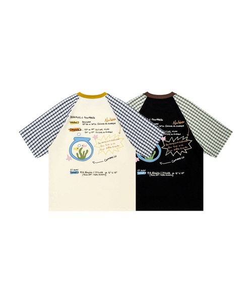 HOOK(フック)の「HOOK アクアリウム × 手書き文字風プリント チェック切替ラグランビッグシルエットT(Tシャツ/カットソー・メンズ・ライトベージュ/ブラック・FREE)」の6枚目の写真