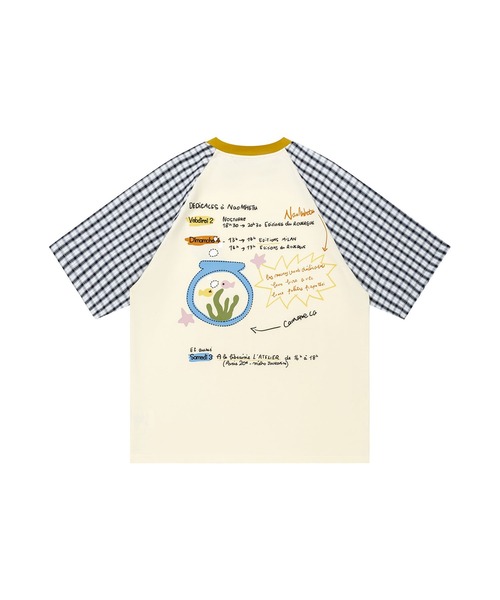 HOOK(フック)の「HOOK アクアリウム × 手書き文字風プリント チェック切替ラグランビッグシルエットT(Tシャツ/カットソー・メンズ・ライトベージュ/ブラック・FREE)」の9枚目の写真