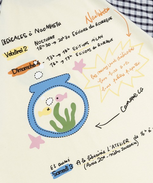 HOOK(フック)の「HOOK アクアリウム × 手書き文字風プリント チェック切替ラグランビッグシルエットT(Tシャツ/カットソー・メンズ・ライトベージュ/ブラック・FREE)」の14枚目の写真