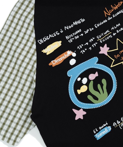HOOK(フック)の「HOOK アクアリウム × 手書き文字風プリント チェック切替ラグランビッグシルエットT(Tシャツ/カットソー・メンズ・ライトベージュ/ブラック・FREE)」の21枚目の写真