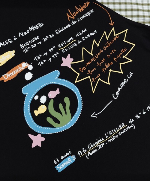 HOOK(フック)の「HOOK アクアリウム × 手書き文字風プリント チェック切替ラグランビッグシルエットT(Tシャツ/カットソー・メンズ・ライトベージュ/ブラック・FREE)」の22枚目の写真