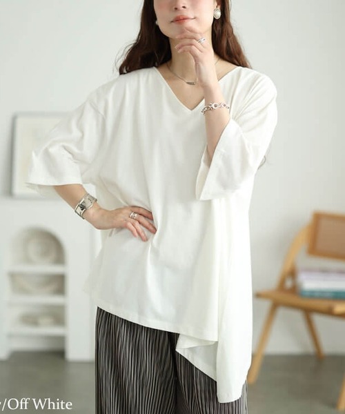 GOLDJAPAN(ゴールドジャパン)の「アシメヘムコットンチュニックTシャツ【大きいサイズ対応】(チュニック・レディース・チャコールグレー/オフホワイト/ブラック・4L~5L/LL~3L)」の2枚目の写真