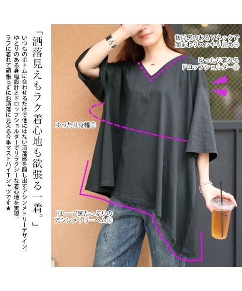 GOLDJAPAN(ゴールドジャパン)の「アシメヘムコットンチュニックTシャツ【大きいサイズ対応】(チュニック・レディース・チャコールグレー/オフホワイト/ブラック・4L~5L/LL~3L)」の5枚目の写真