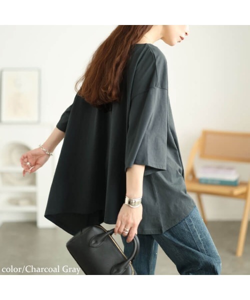 GOLDJAPAN(ゴールドジャパン)の「アシメヘムコットンチュニックTシャツ【大きいサイズ対応】(チュニック・レディース・チャコールグレー/オフホワイト/ブラック・4L~5L/LL~3L)」の13枚目の写真