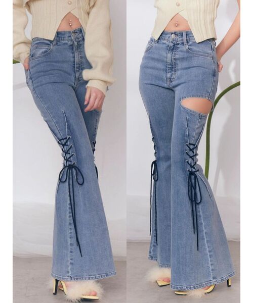 EATME(イートミー)の「サイドレースアップカットアウトデニムパンツ(デニムパンツ・レディース・ライトブルー・MEDIUM/SMALL)」の1枚目の写真
